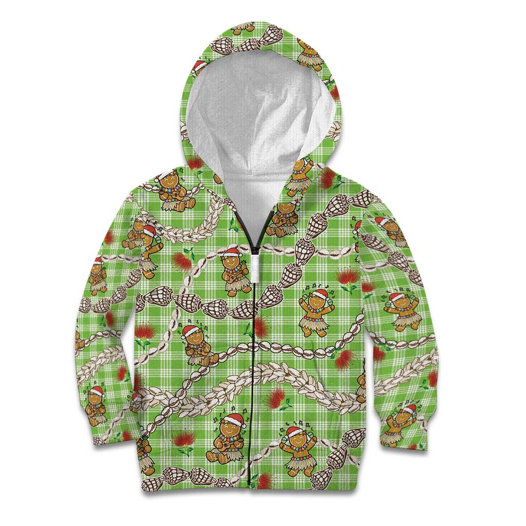 Green Palaka Hawaii Mele Kalikimaka Kid Hoodie Ohia Lehua Shell Leis Funny Gingerbread Santa - Polynesian Pride