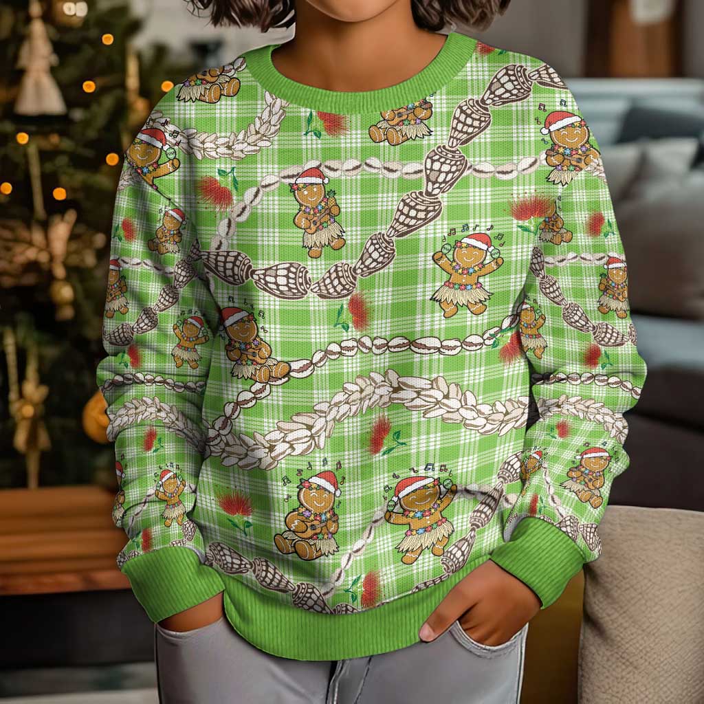 Green Palaka Hawaii Mele Kalikimaka Kid Ugly Christmas Sweater Ohia Lehua Shell Leis Funny Gingerbread Santa LT14 - Polynesian Pride