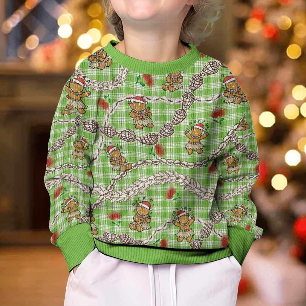 Green Palaka Hawaii Mele Kalikimaka Kid Ugly Christmas Sweater Ohia Lehua Shell Leis Funny Gingerbread Santa LT14 - Polynesian Pride