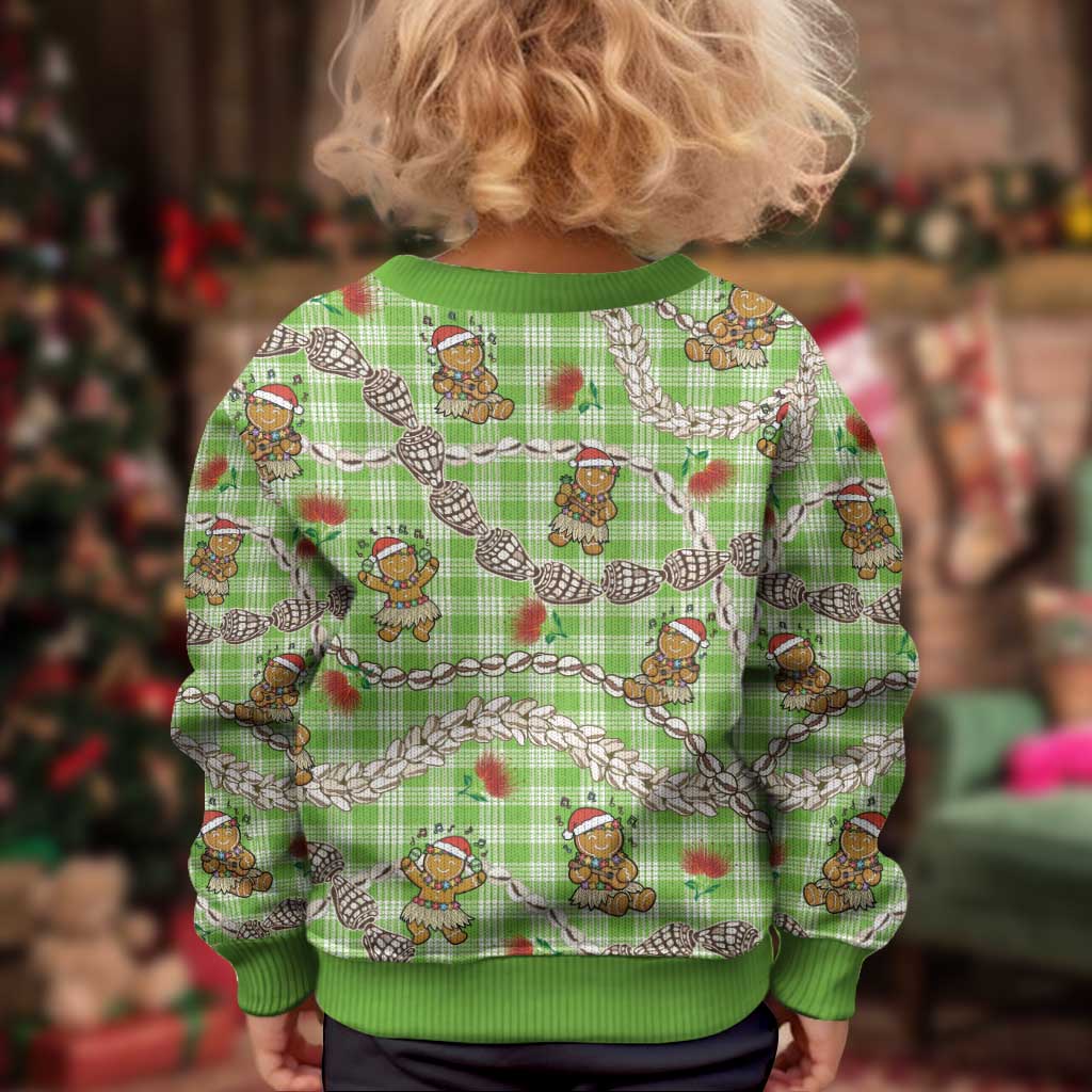Green Palaka Hawaii Mele Kalikimaka Kid Ugly Christmas Sweater Ohia Lehua Shell Leis Funny Gingerbread Santa LT14 - Polynesian Pride