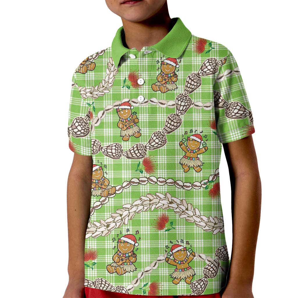 Green Palaka Hawaii Mele Kalikimaka Kid Polo Shirt Ohia Lehua Shell Leis Funny Gingerbread Santa LT14 Kid Green - Polynesian Pride