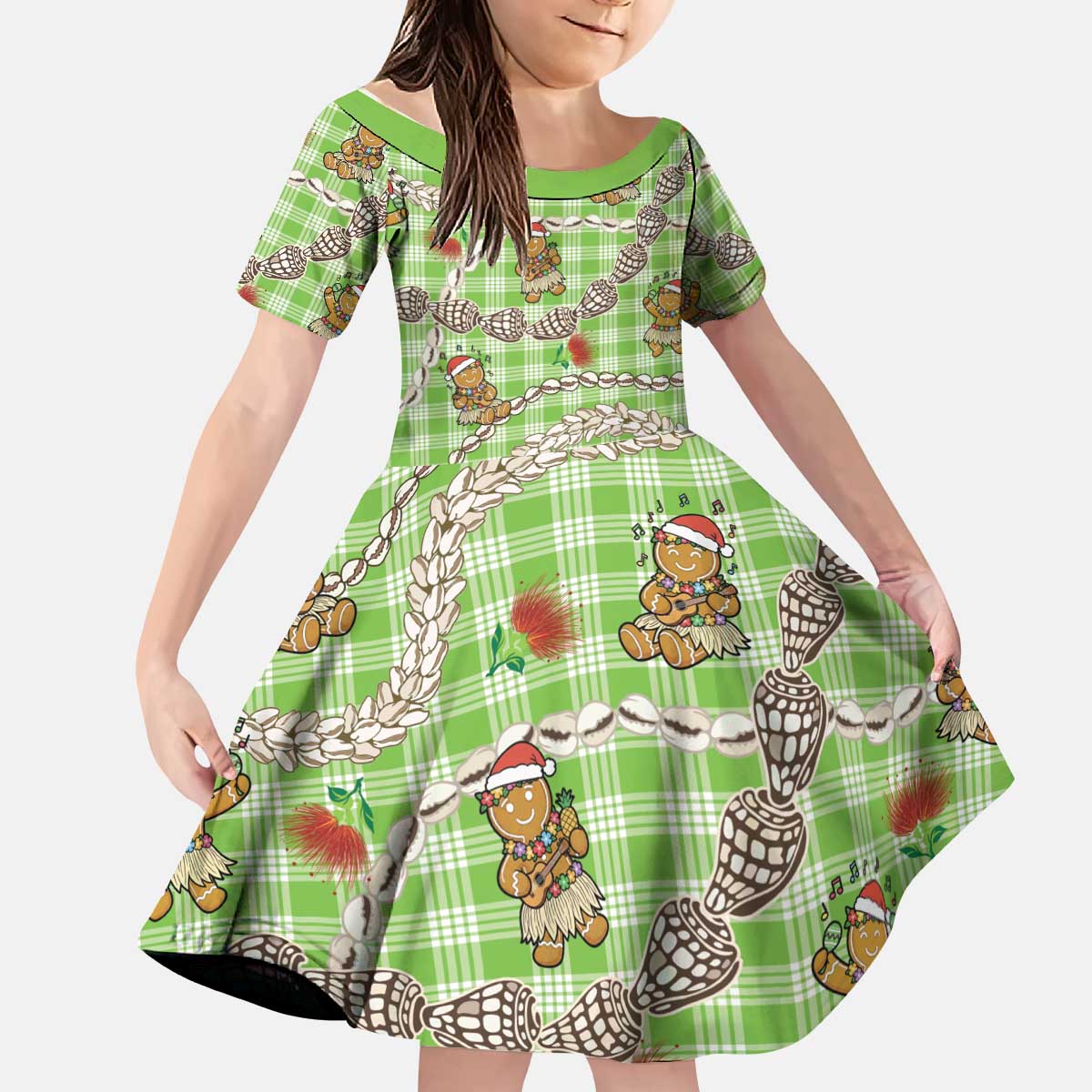 Green Palaka Hawaii Mele Kalikimaka Kid Short Sleeve Dress Ohia Lehua Shell Leis Funny Gingerbread Santa LT14 KID Green - Polynesian Pride