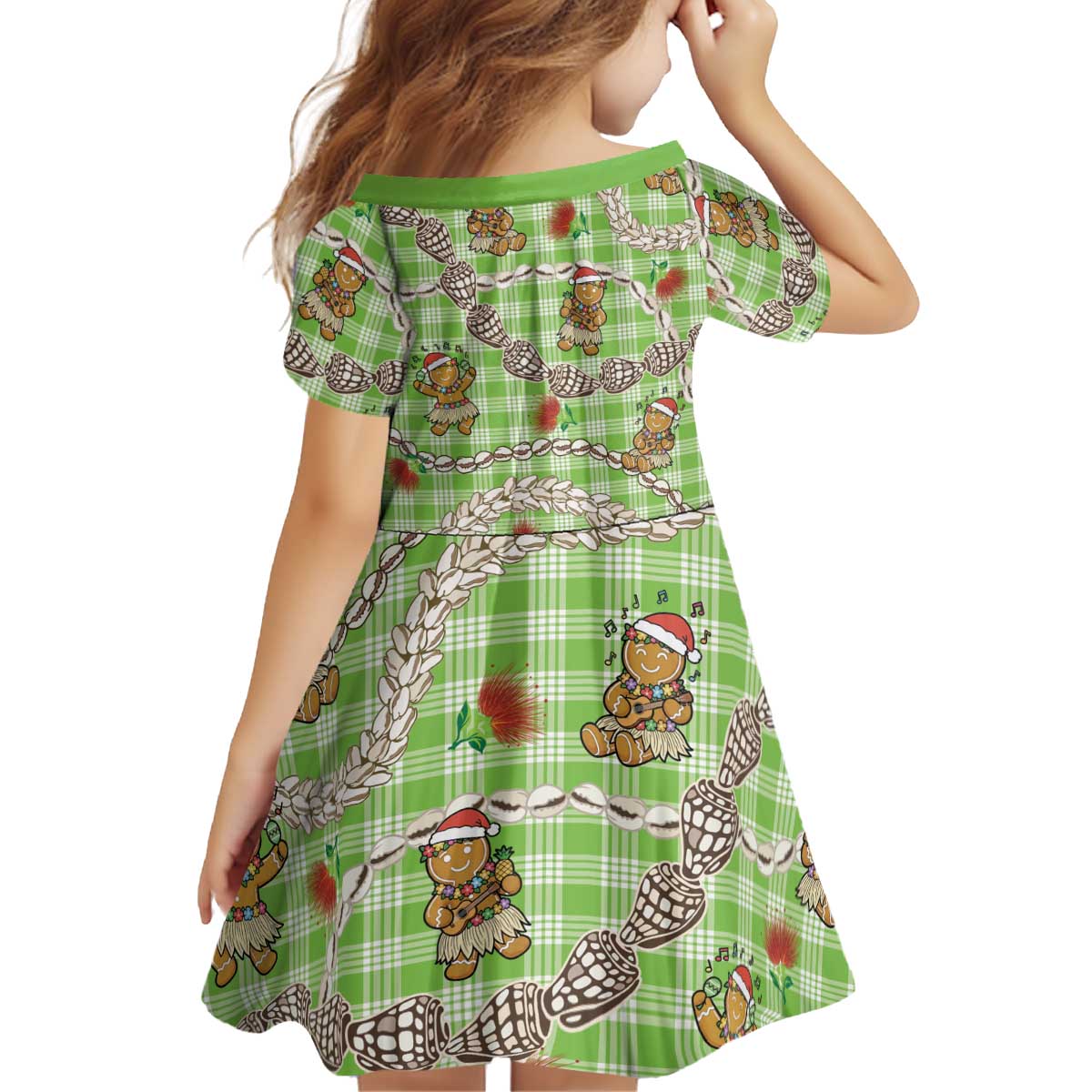 Green Palaka Hawaii Mele Kalikimaka Kid Short Sleeve Dress Ohia Lehua Shell Leis Funny Gingerbread Santa LT14 - Polynesian Pride