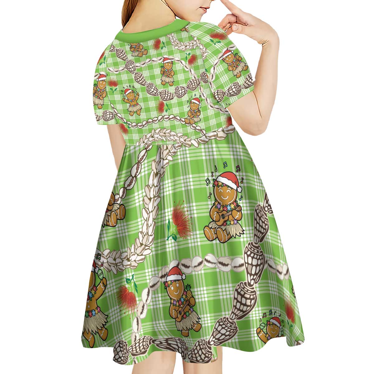 Green Palaka Hawaii Mele Kalikimaka Kid Short Sleeve Dress Ohia Lehua Shell Leis Funny Gingerbread Santa LT14 - Polynesian Pride