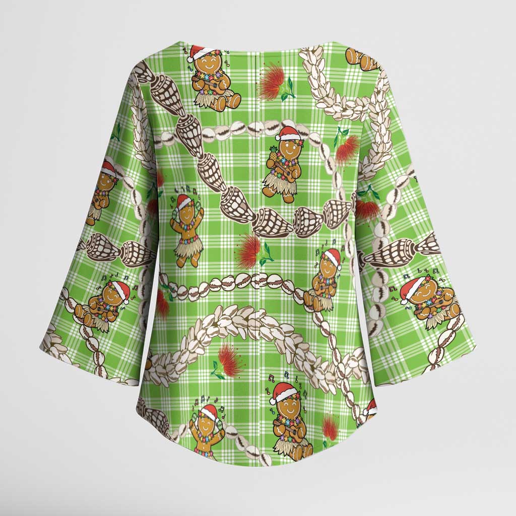 Green Palaka Hawaii Mele Kalikimaka Kimono Sleeve Blouse Ohia Lehua Shell Leis Funny Gingerbread Santa LT14 - Polynesian Pride