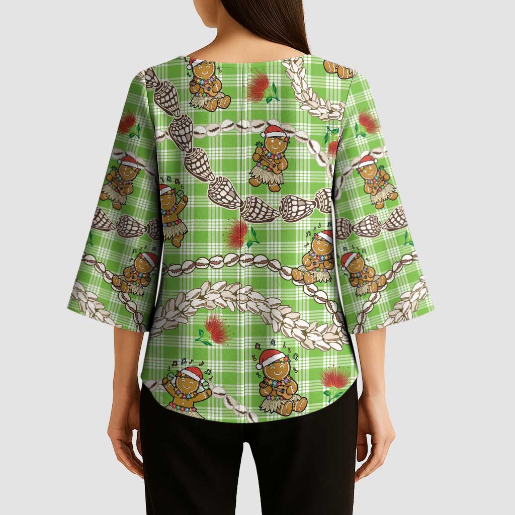Green Palaka Hawaii Mele Kalikimaka Kimono Sleeve Blouse Ohia Lehua Shell Leis Funny Gingerbread Santa LT14 - Polynesian Pride
