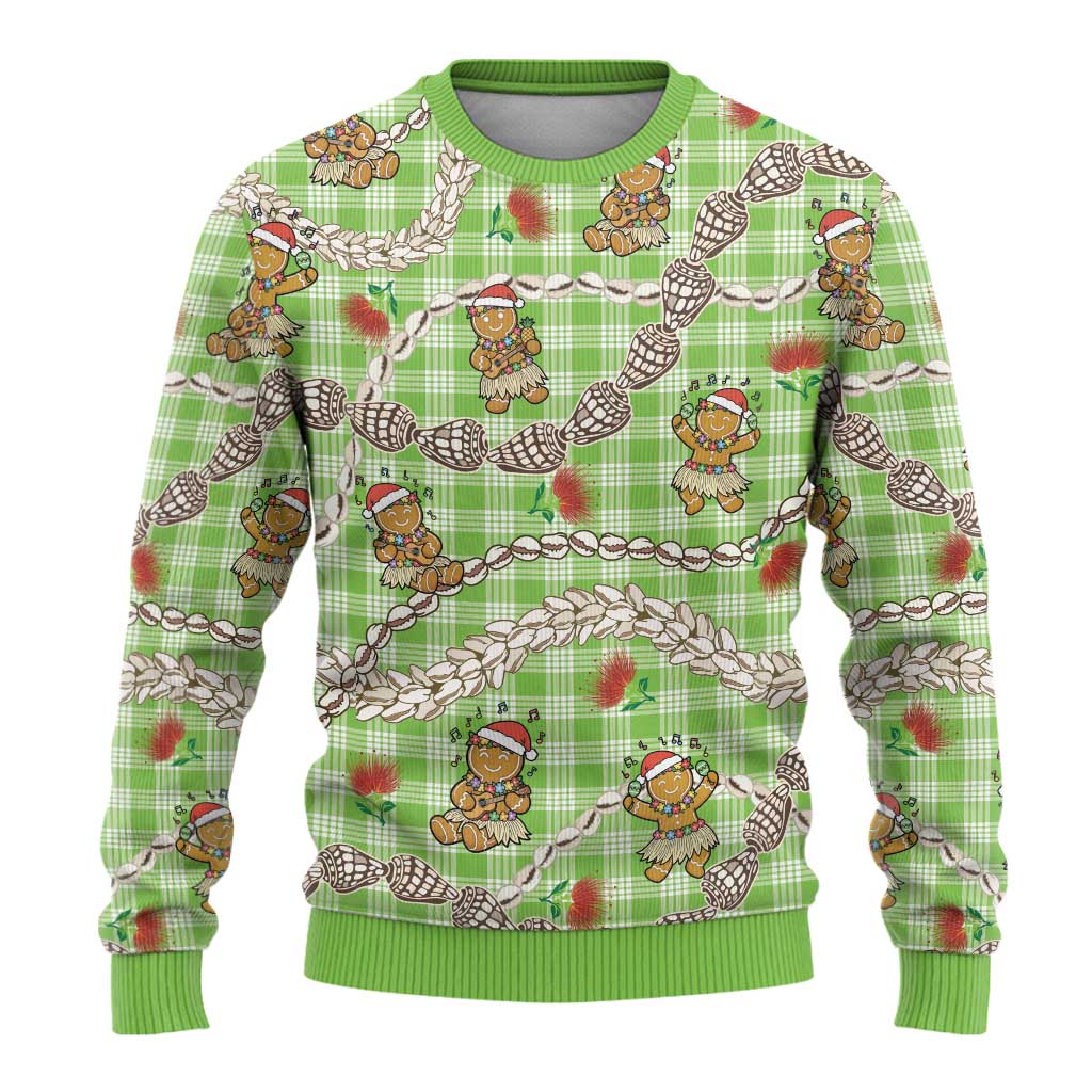 Green Palaka Hawaii Mele Kalikimaka Ugly Christmas Sweater Ohia Lehua Shell Leis Funny Gingerbread Santa LT14 - Polynesian Pride