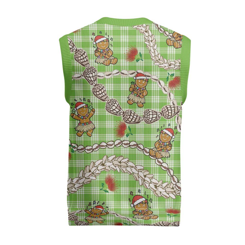 Green Palaka Hawaii Mele Kalikimaka Christmas Knitted V-Neck Vest Ohia Lehua Shell Leis Funny Gingerbread Santa LT14 - Polynesian Pride