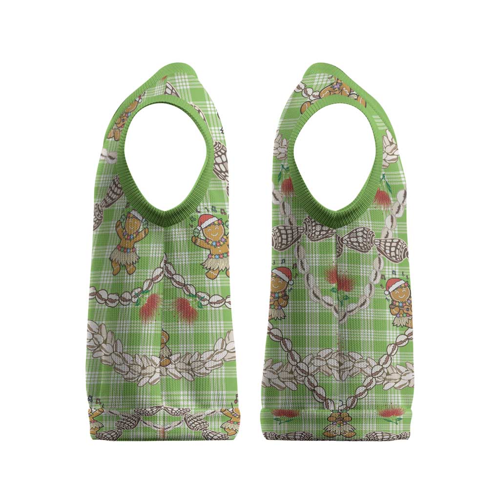 Green Palaka Hawaii Mele Kalikimaka Christmas Knitted V-Neck Vest Ohia Lehua Shell Leis Funny Gingerbread Santa LT14 - Polynesian Pride
