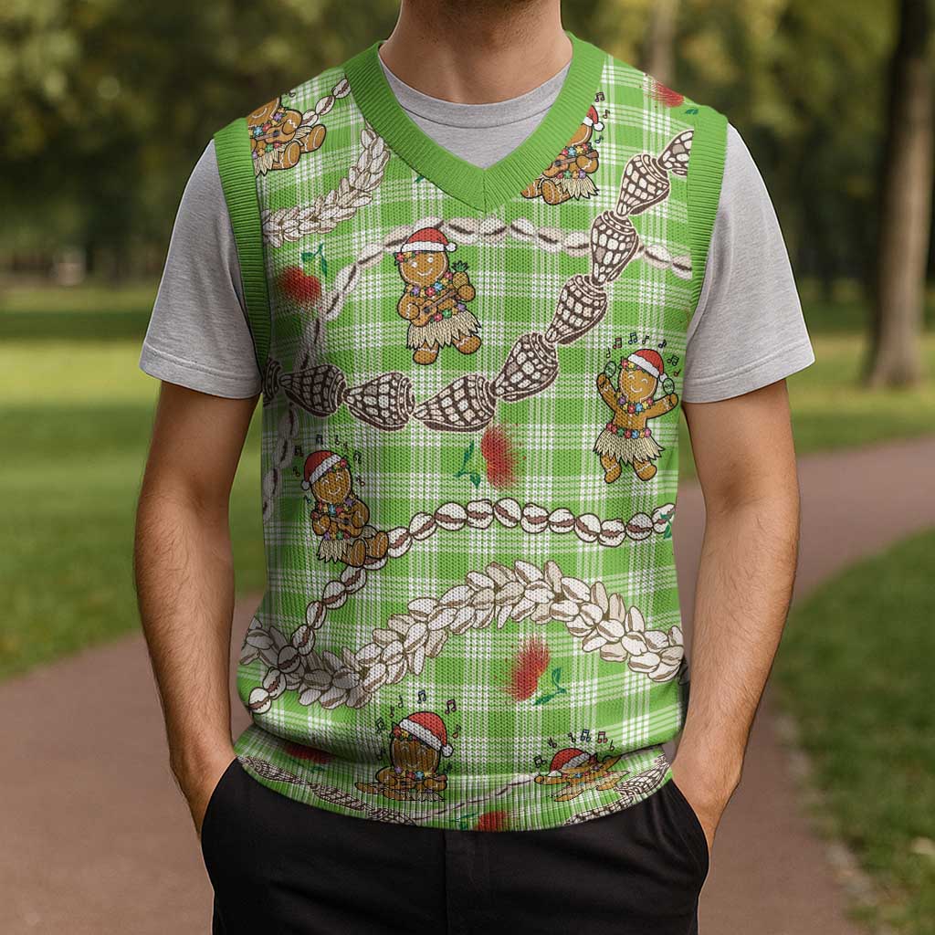 Green Palaka Hawaii Mele Kalikimaka Christmas Knitted V-Neck Vest Ohia Lehua Shell Leis Funny Gingerbread Santa LT14 - Polynesian Pride