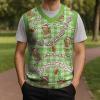 Green Palaka Hawaii Mele Kalikimaka Christmas Knitted V-Neck Vest Ohia Lehua Shell Leis Funny Gingerbread Santa LT14 - Polynesian Pride