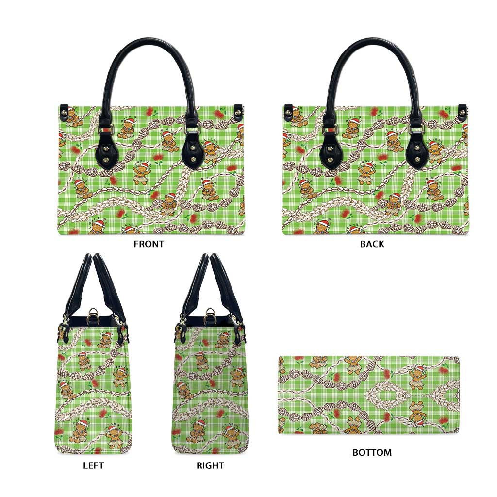 Green Palaka Hawaii Mele Kalikimaka Leather Bag Ohia Lehua Shell Leis Funny Gingerbread Santa - Polynesian Pride