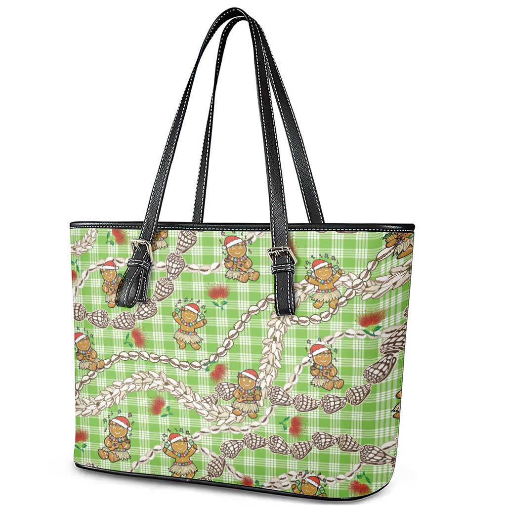 Green Palaka Hawaii Mele Kalikimaka Leather Tote Bag Ohia Lehua Shell Leis Funny Gingerbread Santa LT14 - Polynesian Pride