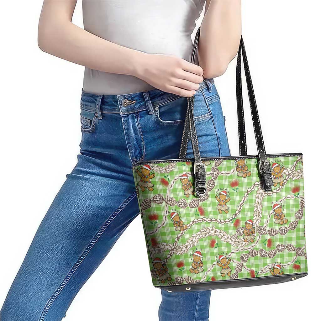 Green Palaka Hawaii Mele Kalikimaka Leather Tote Bag Ohia Lehua Shell Leis Funny Gingerbread Santa LT14 - Polynesian Pride
