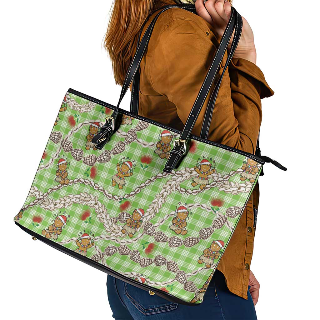 Green Palaka Hawaii Mele Kalikimaka Leather Tote Bag Ohia Lehua Shell Leis Funny Gingerbread Santa LT14 - Polynesian Pride