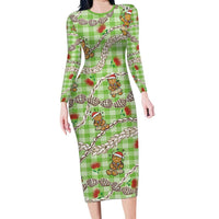 Green Palaka Hawaii Mele Kalikimaka Long Sleeve Bodycon Dress Ohia Lehua Shell Leis Funny Gingerbread Santa LT14 Long Dress Green - Polynesian Pride