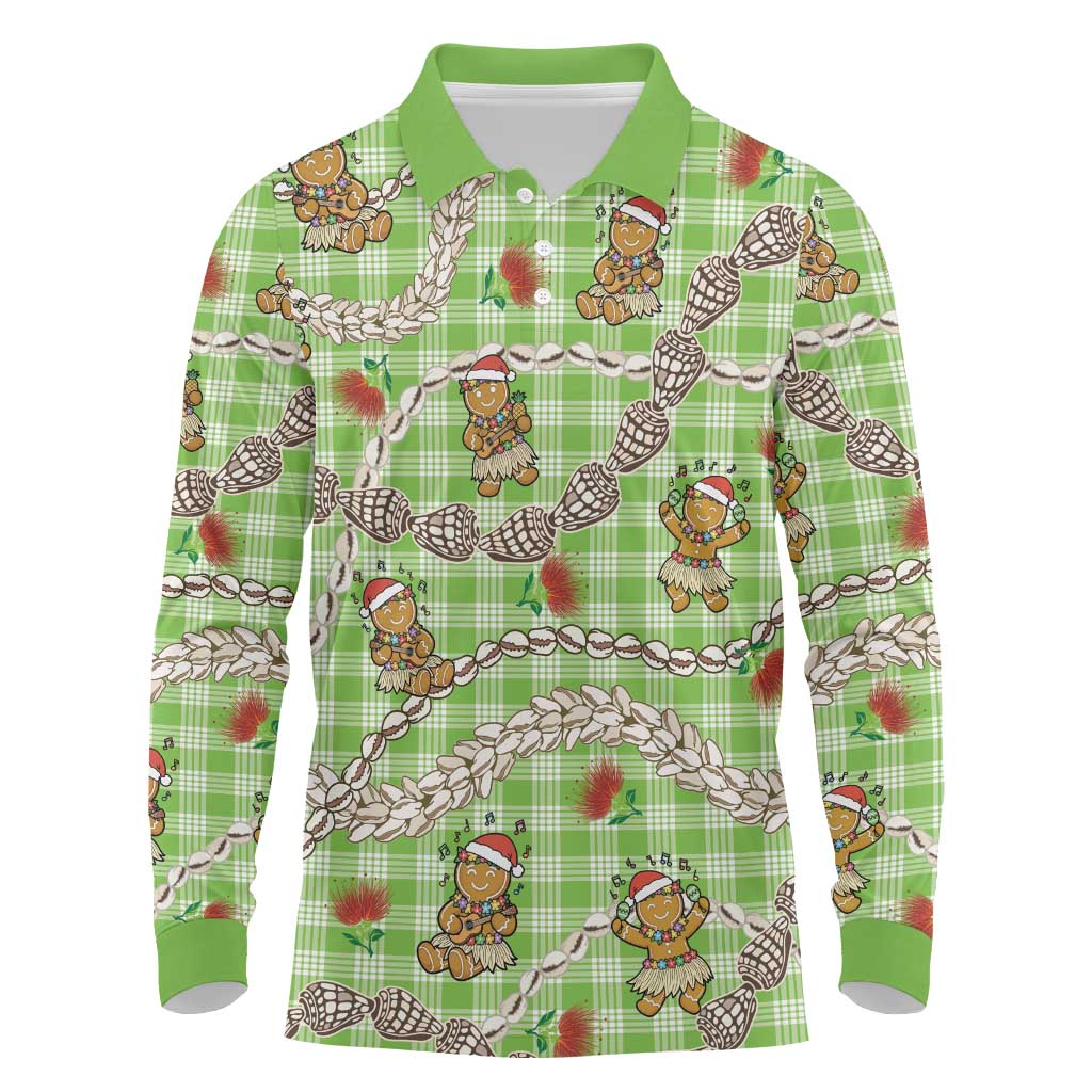Green Palaka Hawaii Mele Kalikimaka Long Sleeve Polo Shirt Ohia Lehua Shell Leis Funny Gingerbread Santa LT14 Green - Polynesian Pride
