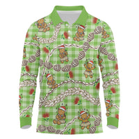 Green Palaka Hawaii Mele Kalikimaka Long Sleeve Polo Shirt Ohia Lehua Shell Leis Funny Gingerbread Santa LT14 Green - Polynesian Pride