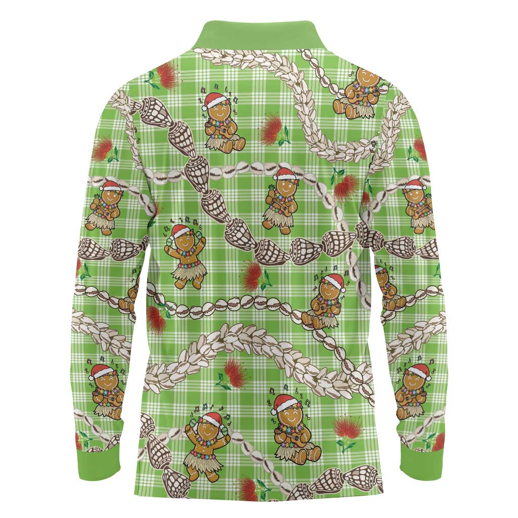 Green Palaka Hawaii Mele Kalikimaka Long Sleeve Polo Shirt Ohia Lehua Shell Leis Funny Gingerbread Santa LT14 - Polynesian Pride