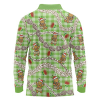 Green Palaka Hawaii Mele Kalikimaka Long Sleeve Polo Shirt Ohia Lehua Shell Leis Funny Gingerbread Santa LT14 - Polynesian Pride