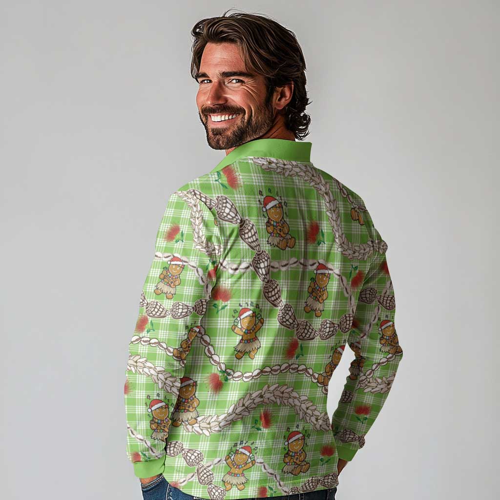 Green Palaka Hawaii Mele Kalikimaka Long Sleeve Polo Shirt Ohia Lehua Shell Leis Funny Gingerbread Santa LT14 - Polynesian Pride
