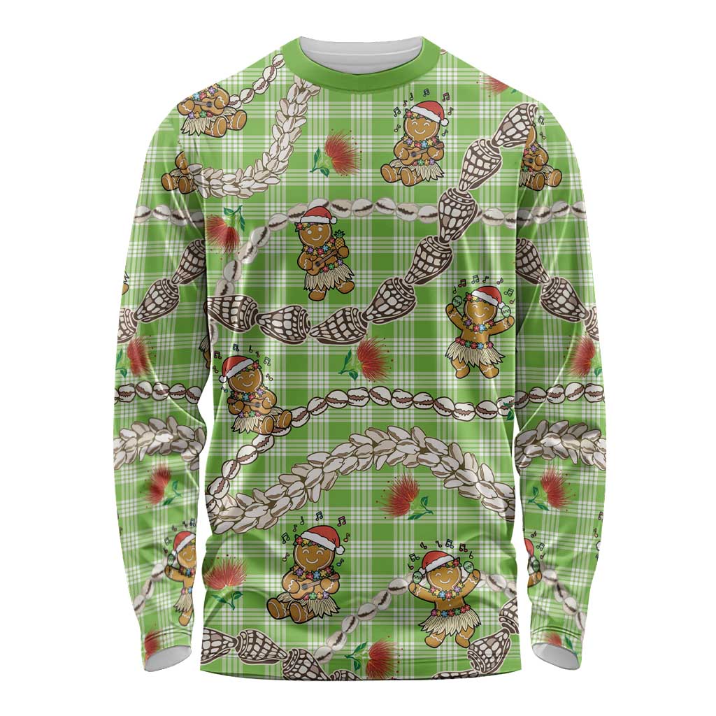 Green Palaka Hawaii Mele Kalikimaka Long Sleeve Shirt Ohia Lehua Shell Leis Funny Gingerbread Santa LT14 Unisex Green - Polynesian Pride