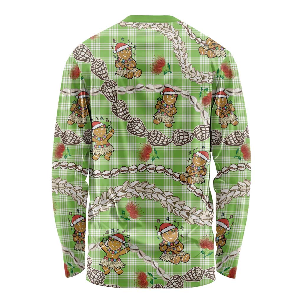 Green Palaka Hawaii Mele Kalikimaka Long Sleeve Shirt Ohia Lehua Shell Leis Funny Gingerbread Santa LT14 - Polynesian Pride
