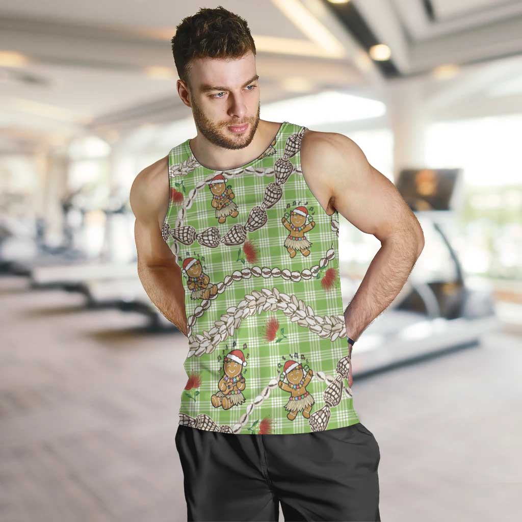 Green Palaka Hawaii Mele Kalikimaka Men Tank Top Ohia Lehua Shell Leis Funny Gingerbread Santa LT14 Green - Polynesian Pride