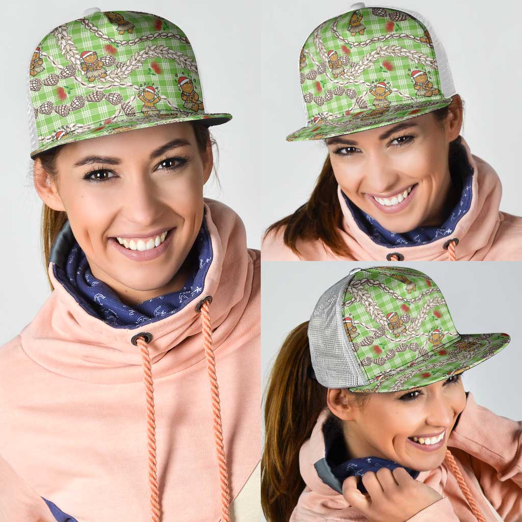 Green Palaka Hawaii Mele Kalikimaka Mesh Trucker Cap Ohia Lehua Shell Leis Funny Gingerbread Santa - Polynesian Pride