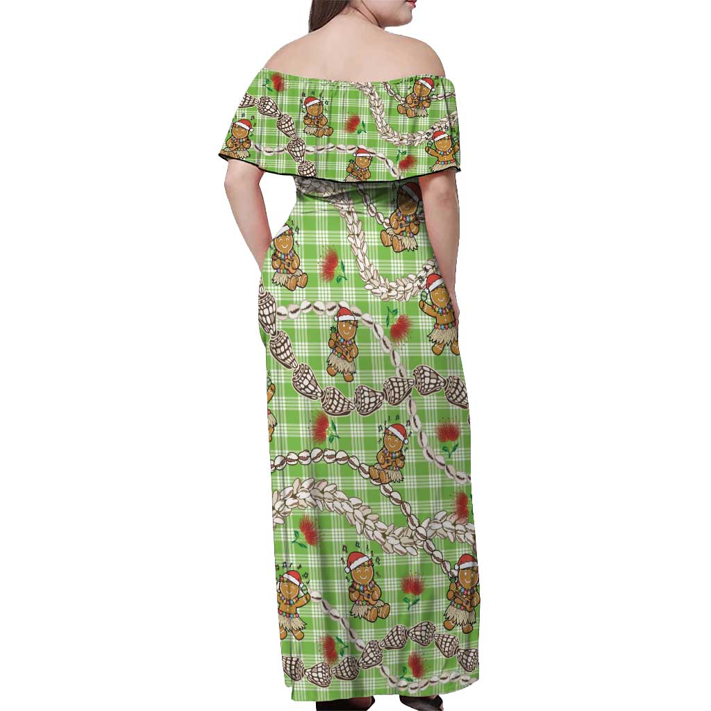 Green Palaka Hawaii Mele Kalikimaka Off Shoulder Maxi Dress Ohia Lehua Shell Leis Funny Gingerbread Santa LT14 - Polynesian Pride