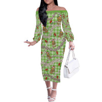 Green Palaka Hawaii Mele Kalikimaka Off The Shoulder Long Sleeve Dress Ohia Lehua Shell Leis Funny Gingerbread Santa LT14 Women Green - Polynesian Pride