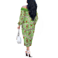 Green Palaka Hawaii Mele Kalikimaka Off The Shoulder Long Sleeve Dress Ohia Lehua Shell Leis Funny Gingerbread Santa LT14 - Polynesian Pride