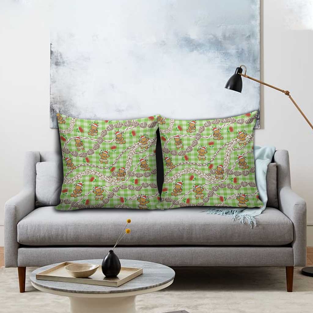 Green Palaka Hawaii Mele Kalikimaka Pillow Cover Ohia Lehua Shell Leis Funny Gingerbread Santa - Polynesian Pride