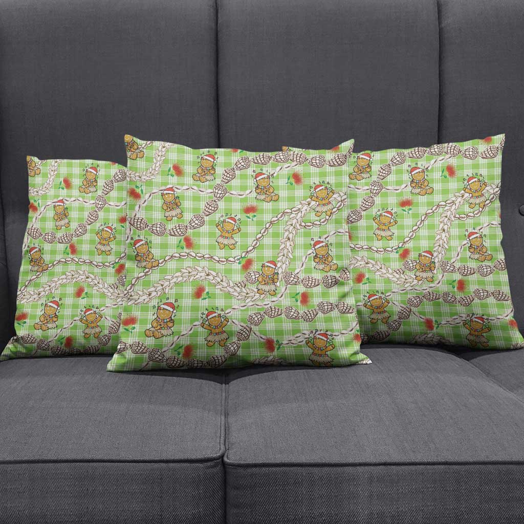 Green Palaka Hawaii Mele Kalikimaka Pillow Cover Ohia Lehua Shell Leis Funny Gingerbread Santa - Polynesian Pride