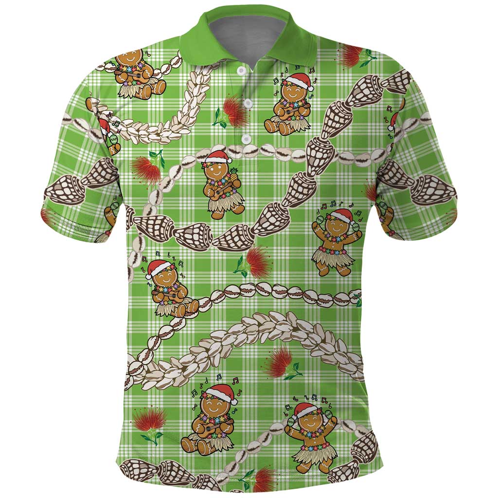 Green Palaka Hawaii Mele Kalikimaka Polo Shirt Ohia Lehua Shell Leis Funny Gingerbread Santa LT14 Green - Polynesian Pride
