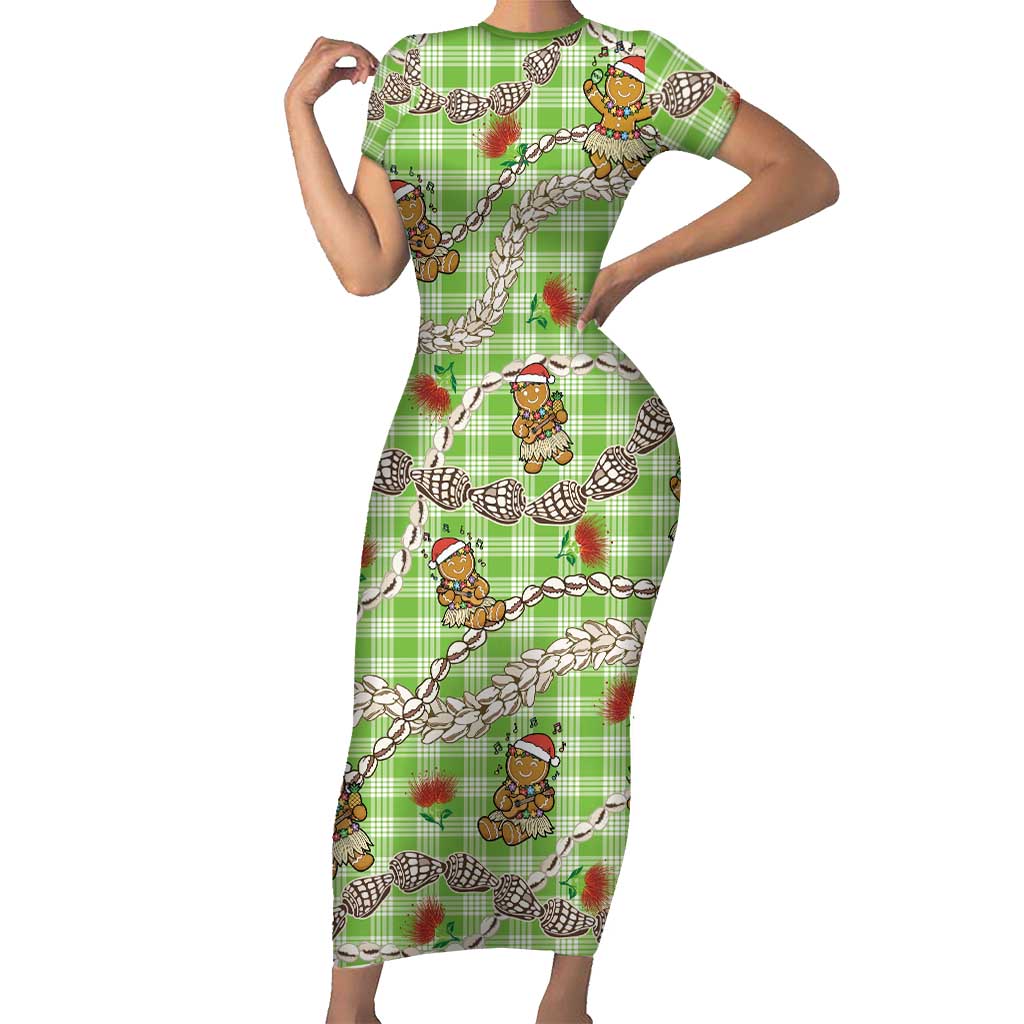 Green Palaka Hawaii Mele Kalikimaka Short Sleeve Bodycon Dress Ohia Lehua Shell Leis Funny Gingerbread Santa LT14 Long Dress Green - Polynesian Pride