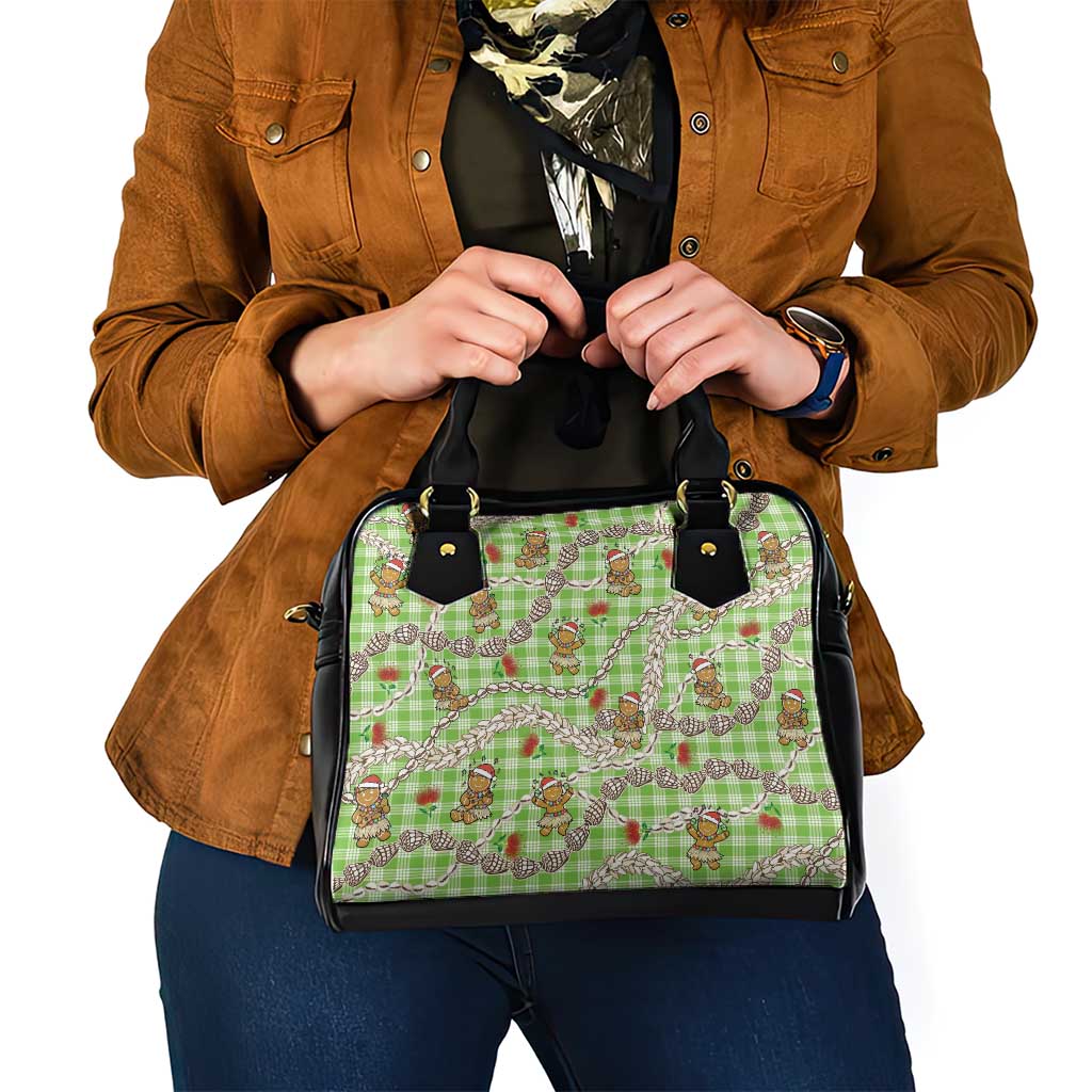 Green Palaka Hawaii Mele Kalikimaka Shoulder Handbag Ohia Lehua Shell Leis Funny Gingerbread Santa - Polynesian Pride