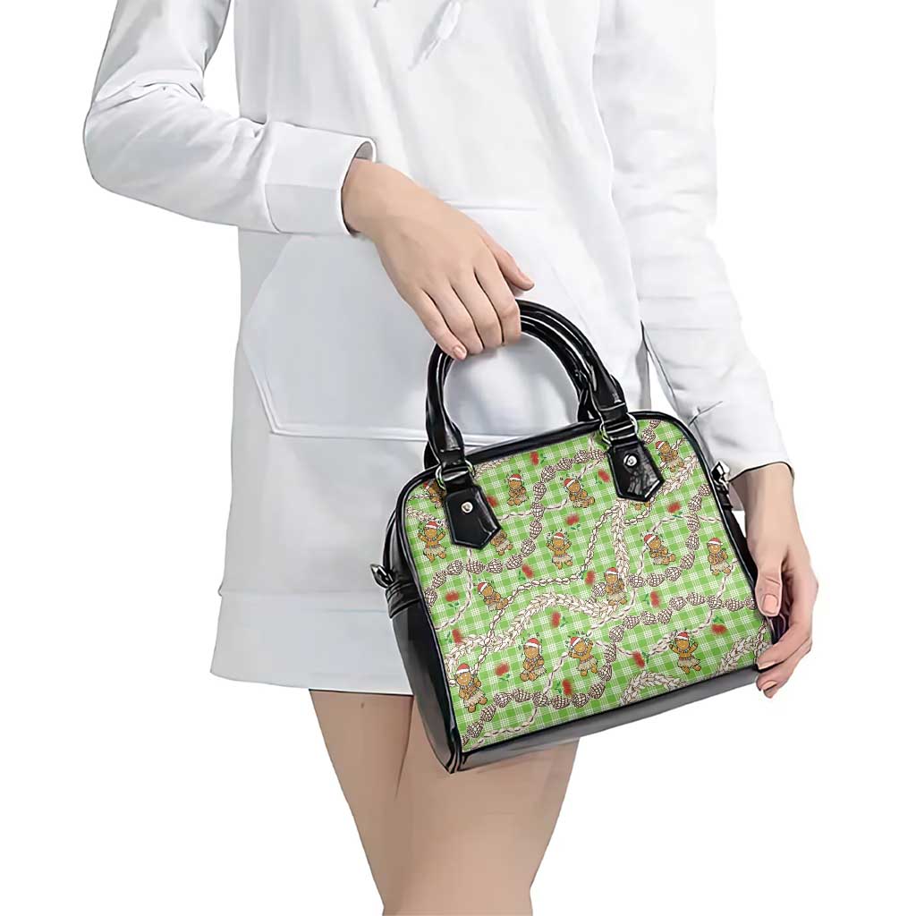 Green Palaka Hawaii Mele Kalikimaka Shoulder Handbag Ohia Lehua Shell Leis Funny Gingerbread Santa - Polynesian Pride