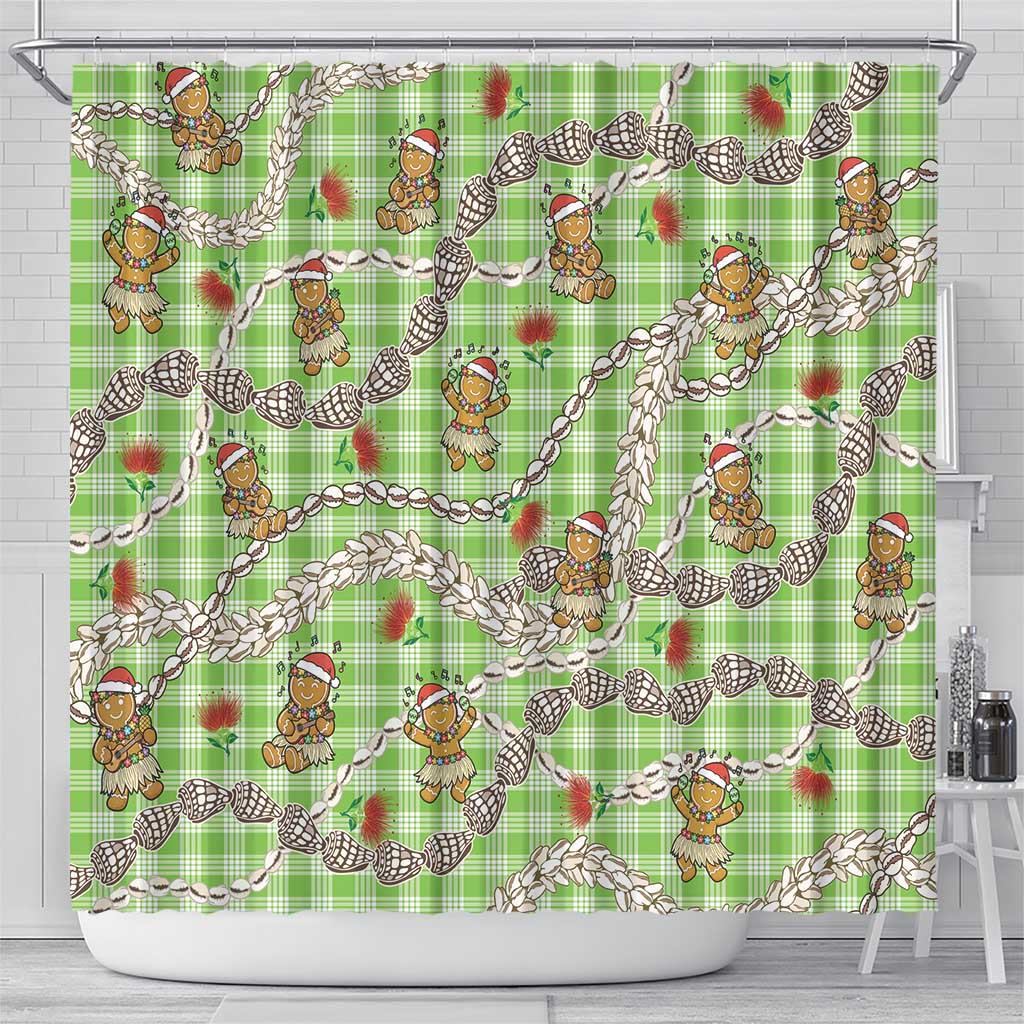 Green Palaka Hawaii Mele Kalikimaka Shower Curtain Ohia Lehua Shell Leis Funny Gingerbread Santa LT14 - Polynesian Pride