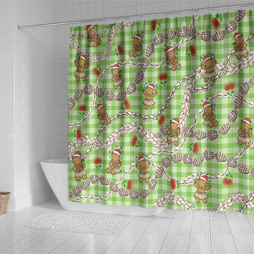 Green Palaka Hawaii Mele Kalikimaka Shower Curtain Ohia Lehua Shell Leis Funny Gingerbread Santa LT14 - Polynesian Pride