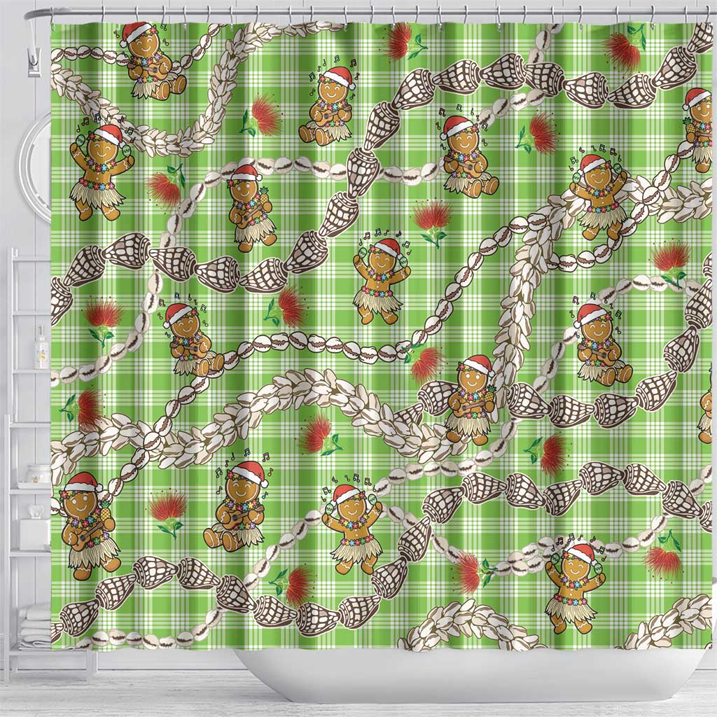Green Palaka Hawaii Mele Kalikimaka Shower Curtain Ohia Lehua Shell Leis Funny Gingerbread Santa LT14 - Polynesian Pride