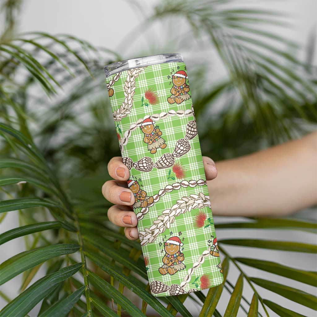 Green Palaka Hawaii Mele Kalikimaka Skinny Tumbler Ohia Lehua Shell Leis Funny Gingerbread Santa LT14 - Polynesian Pride