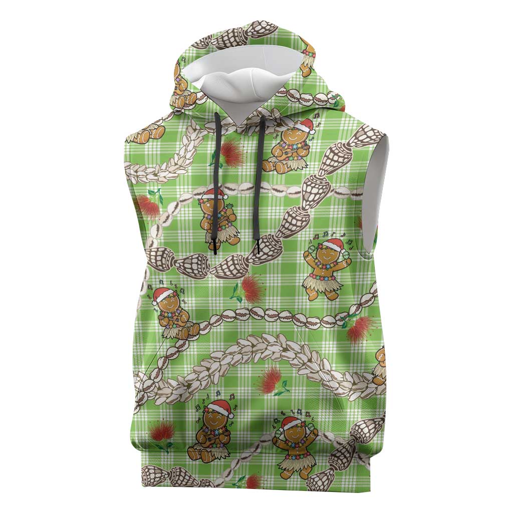 Green Palaka Hawaii Mele Kalikimaka Sleeveless Hoodie Ohia Lehua Shell Leis Funny Gingerbread Santa LT14 Green - Polynesian Pride