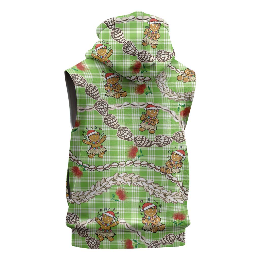 Green Palaka Hawaii Mele Kalikimaka Sleeveless Hoodie Ohia Lehua Shell Leis Funny Gingerbread Santa LT14 - Polynesian Pride