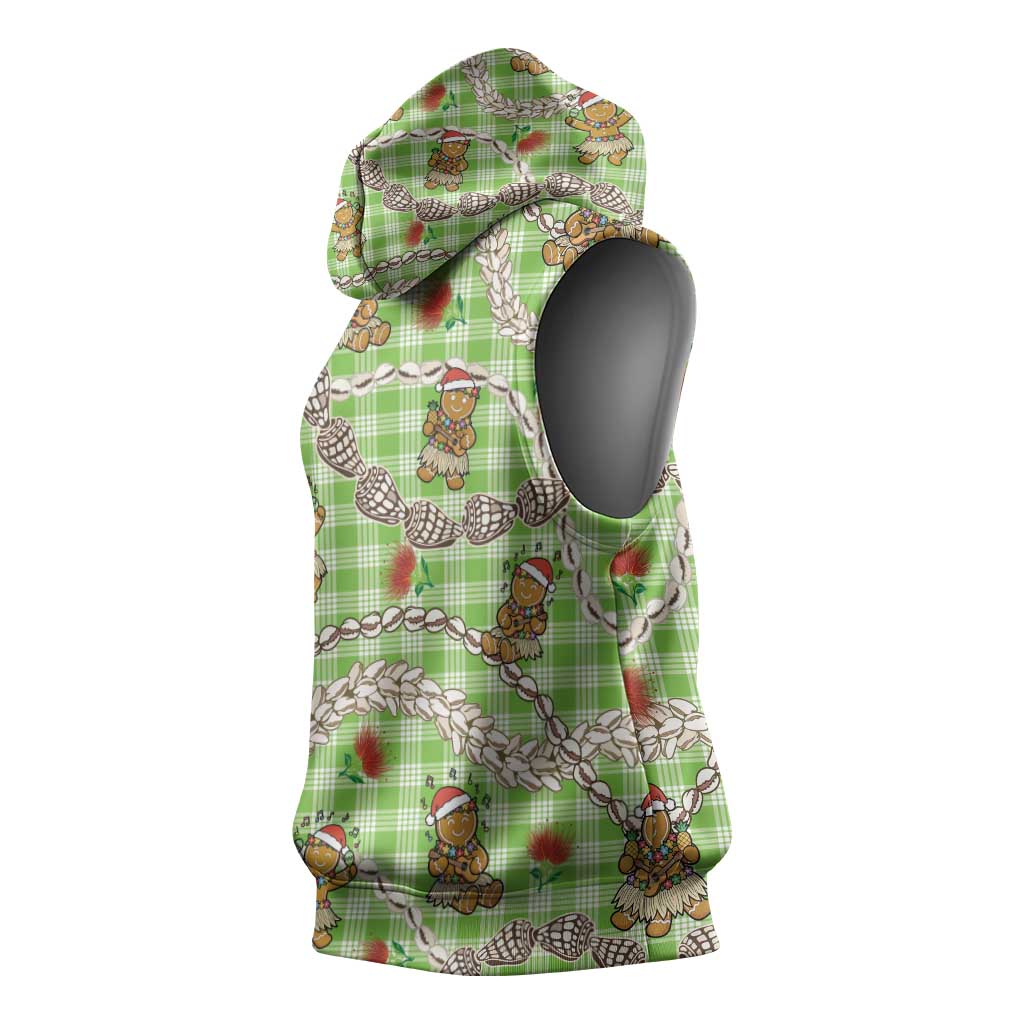 Green Palaka Hawaii Mele Kalikimaka Sleeveless Hoodie Ohia Lehua Shell Leis Funny Gingerbread Santa LT14 - Polynesian Pride