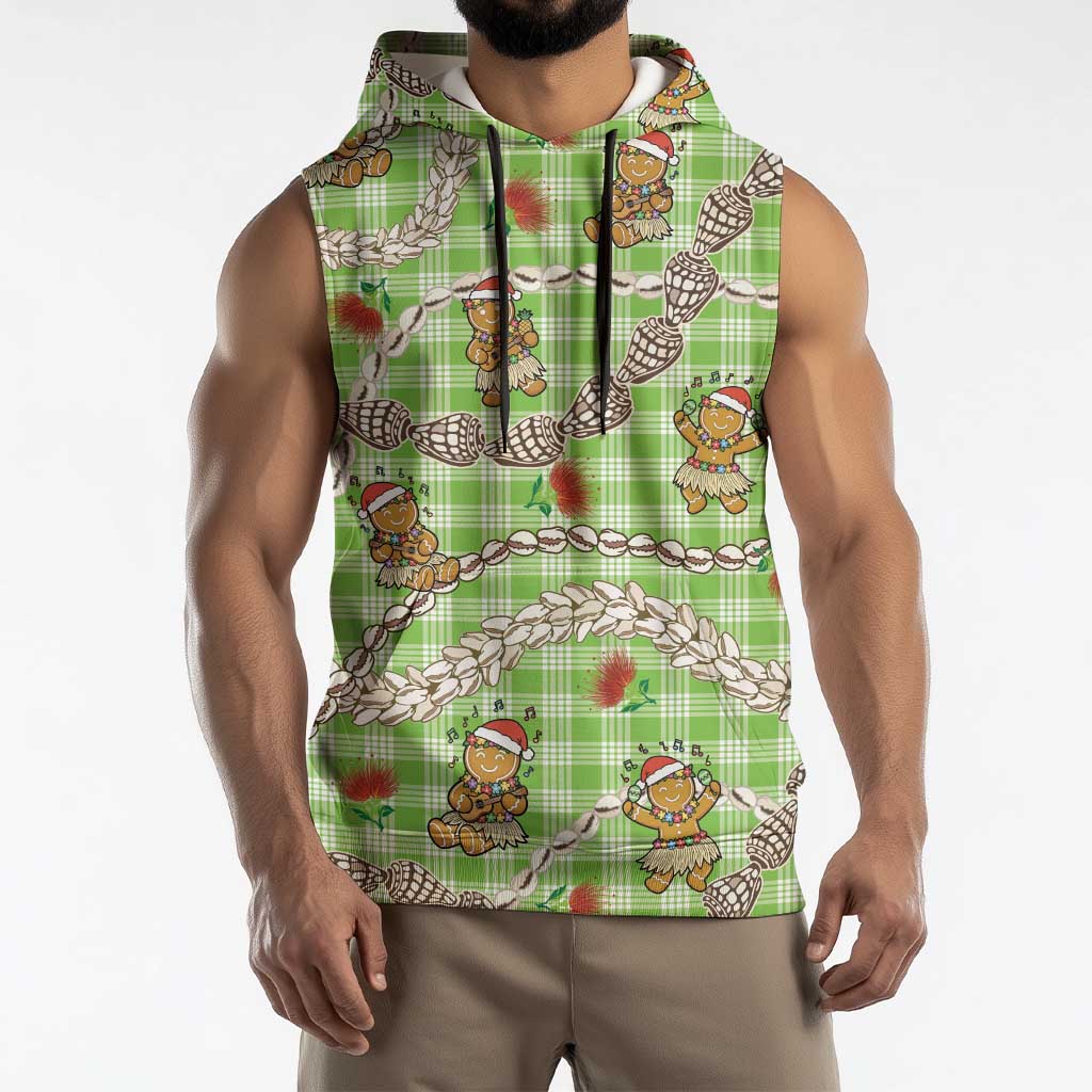 Green Palaka Hawaii Mele Kalikimaka Sleeveless Hoodie Ohia Lehua Shell Leis Funny Gingerbread Santa LT14 - Polynesian Pride