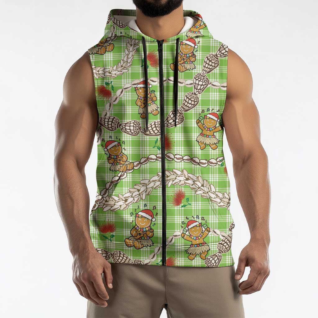 Green Palaka Hawaii Mele Kalikimaka Sleeveless Zip Hoodie Ohia Lehua Shell Leis Funny Gingerbread Santa LT14 - Polynesian Pride