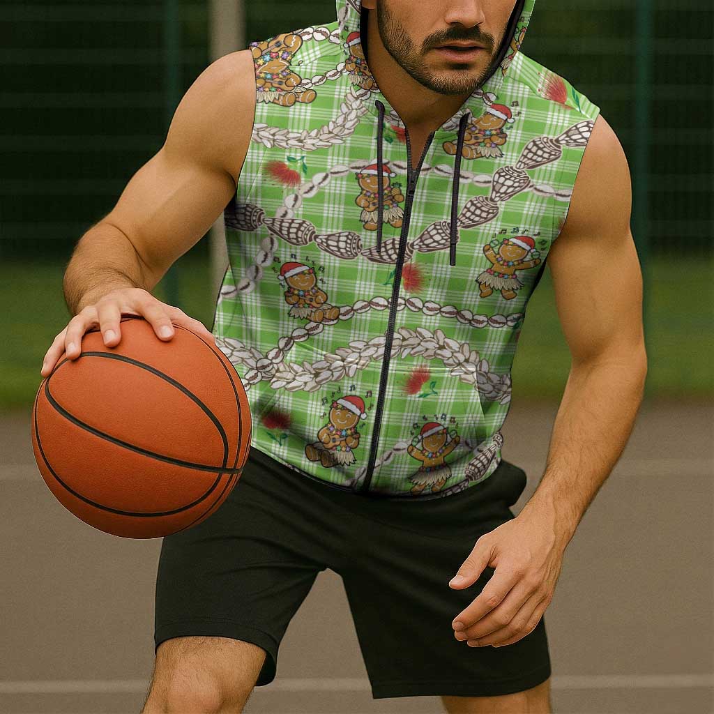 Green Palaka Hawaii Mele Kalikimaka Sleeveless Zip Hoodie Ohia Lehua Shell Leis Funny Gingerbread Santa LT14 - Polynesian Pride