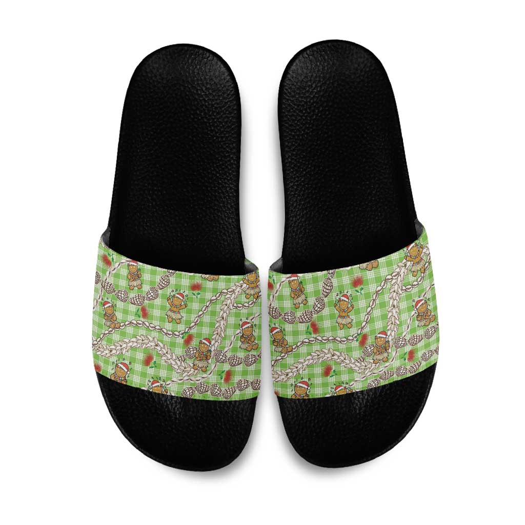 Green Palaka Hawaii Mele Kalikimaka Slide Sandals Ohia Lehua Shell Leis Funny Gingerbread Santa - Polynesian Pride