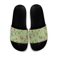 Green Palaka Hawaii Mele Kalikimaka Slide Sandals Ohia Lehua Shell Leis Funny Gingerbread Santa - Polynesian Pride